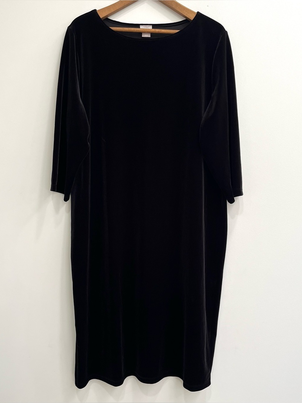 Chico's LBD Black Stretch Velvet Dress 3/4 Sleeve Sheath Midi Dress Size 4 20/22